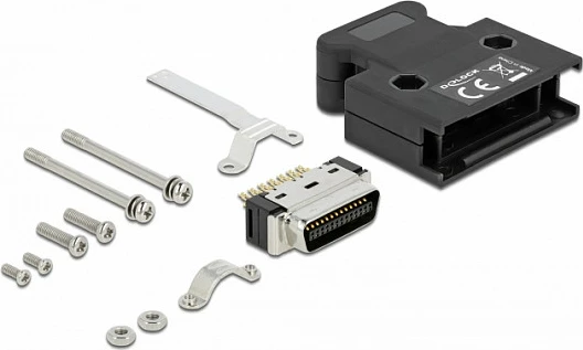 Konektor MDR 26-pin DeLOCK, mashkull me saldim, me housë (cable boot), i zi