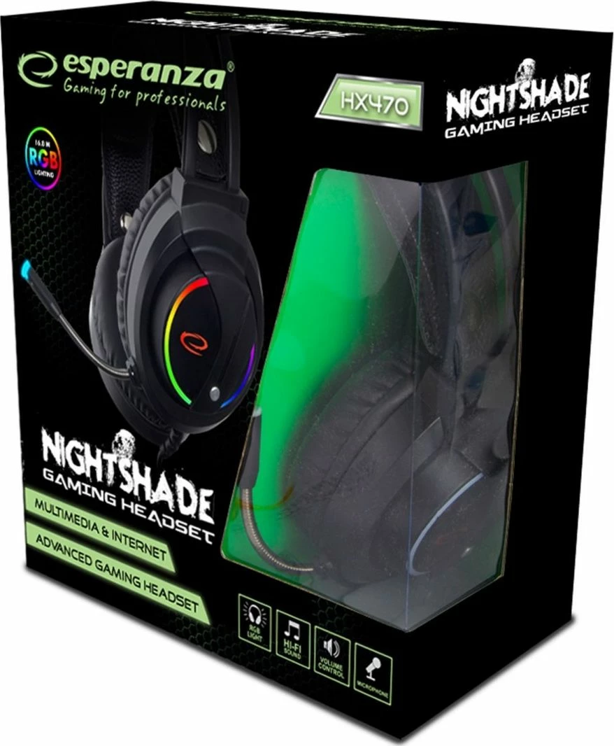 Kufje gaming Esperanza NightShade EGH470 me mikrofon, me kabllo 2 m, 3.5 mm/USB, ndriçim RGB, të zeza