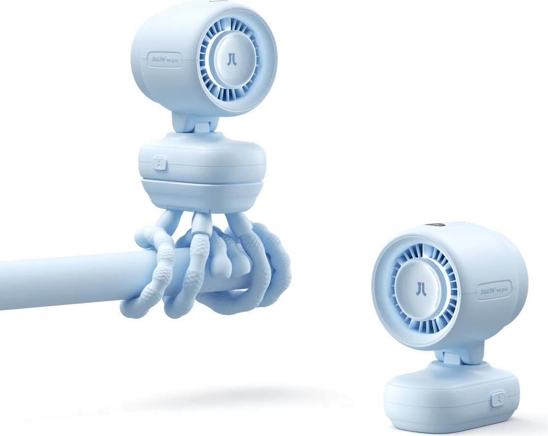 Ventilator mini për karrocë Jisulife Stroller Fan 4, bateri 5000mAh, tripod fleksibël, USB-C, me dritë nate, blu