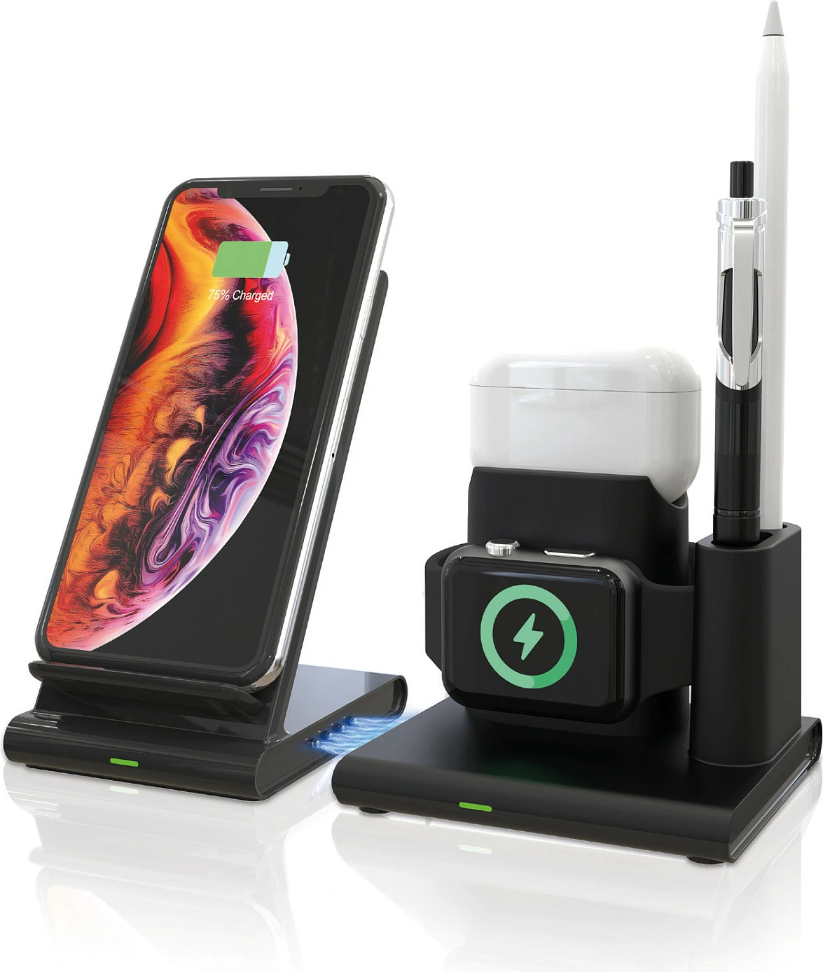Karikues wireless RealPower ChargeAIR Connect, stacion 3-në-1, 10W, USB-C, i zi