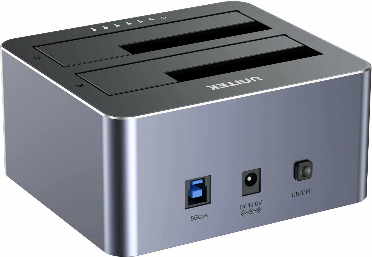 Stacion klonimi/dokimi disqesh Unitek Y-3026GY01-EU, 2x SATA 2.5\"/3.5\", USB 3.2 Gen 1 5Gbps, klonim offline, gri, set me kabllo USB-A dhe adapter 12V 3A