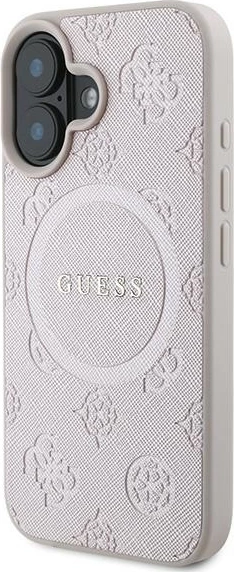 Mbështjellës Guess Saffiano Peony Classic Logo MagSafe për iPhone 16 Plus, Rozë