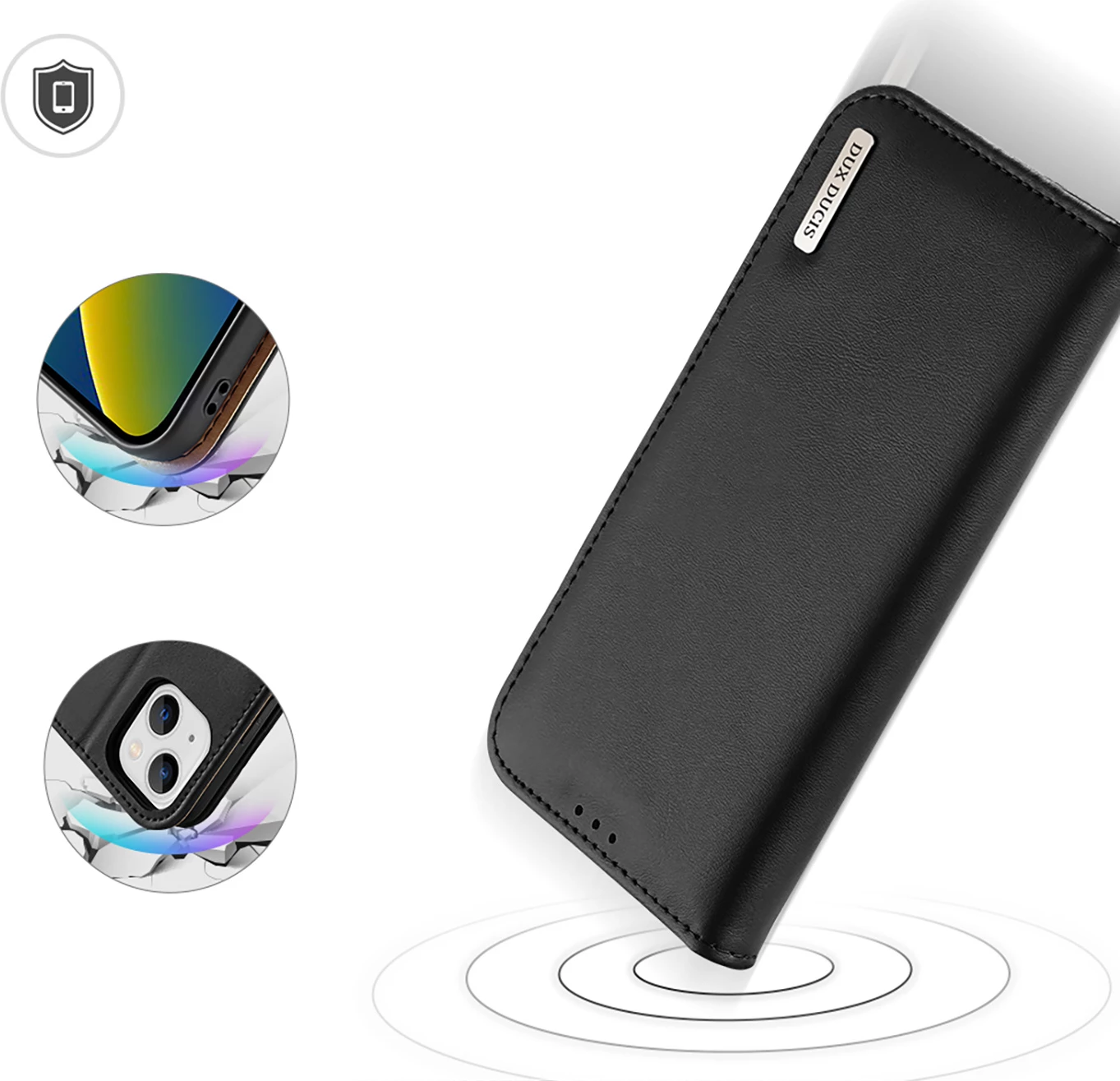 Mbështjellës Dux Ducis Hivo për iPhone 14 Plus, lëkurë natyrale, me xhepa për kartela dhe para, i zi