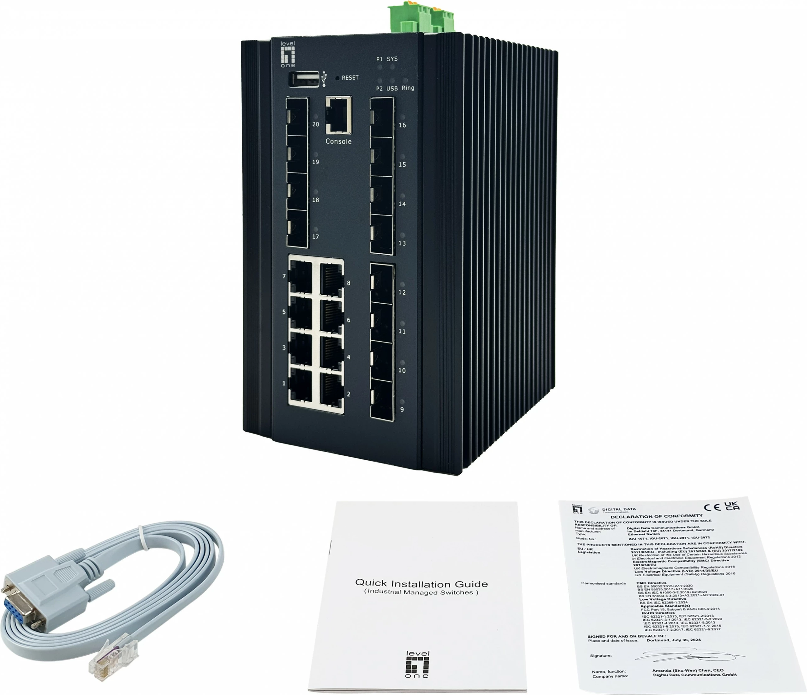 Switch industrial LevelOne IGX-2072, 20 porta, L2+ managed, 8x RJ45, 8x SFP, 4x SFP+, DIN-rail, i zi