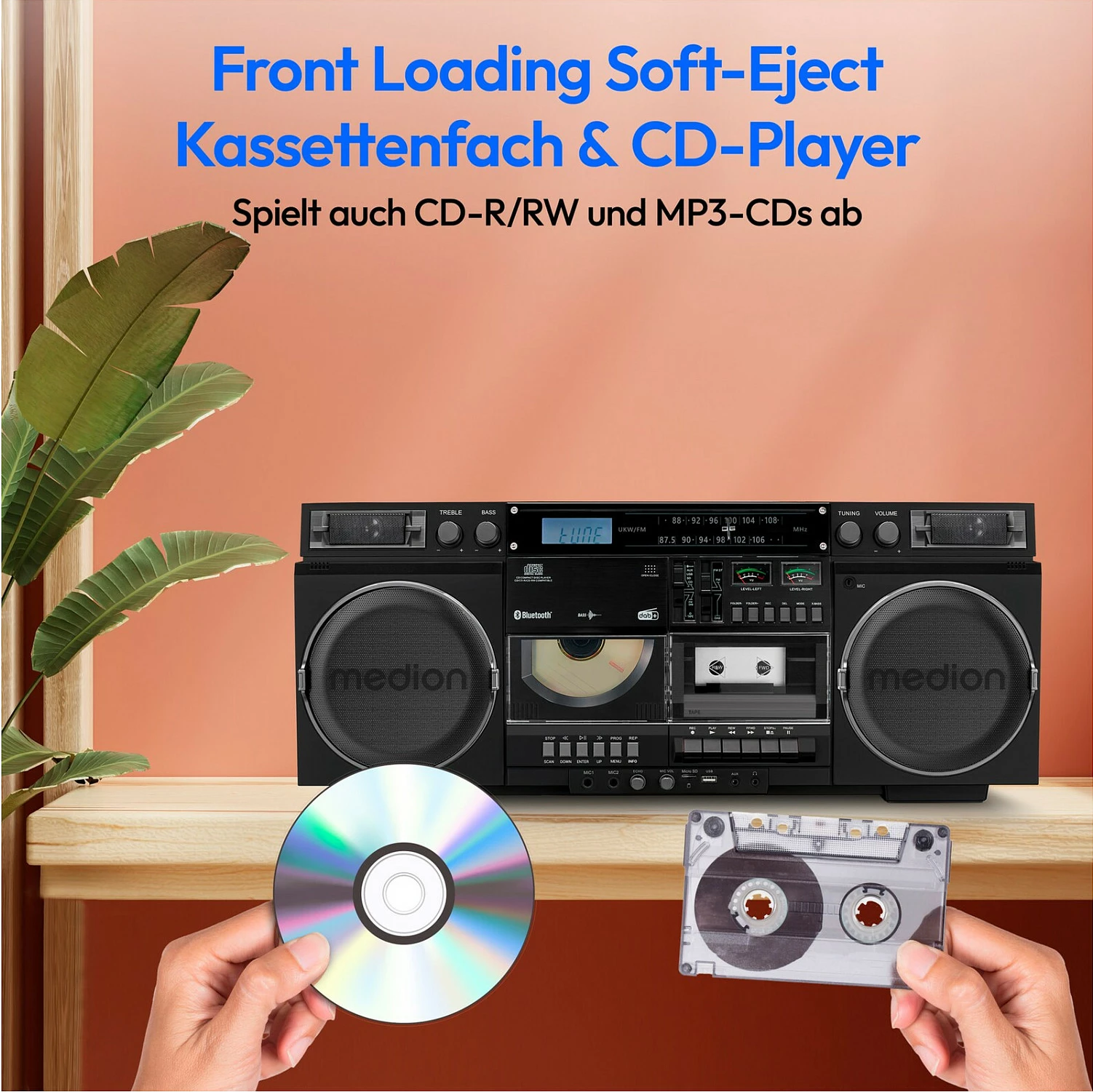 Sistem zëri Medion LIFE P66538, 20 W, DAB+/FM, Bluetooth 5.1, CD/USB/microSD/kasetë, i zi
