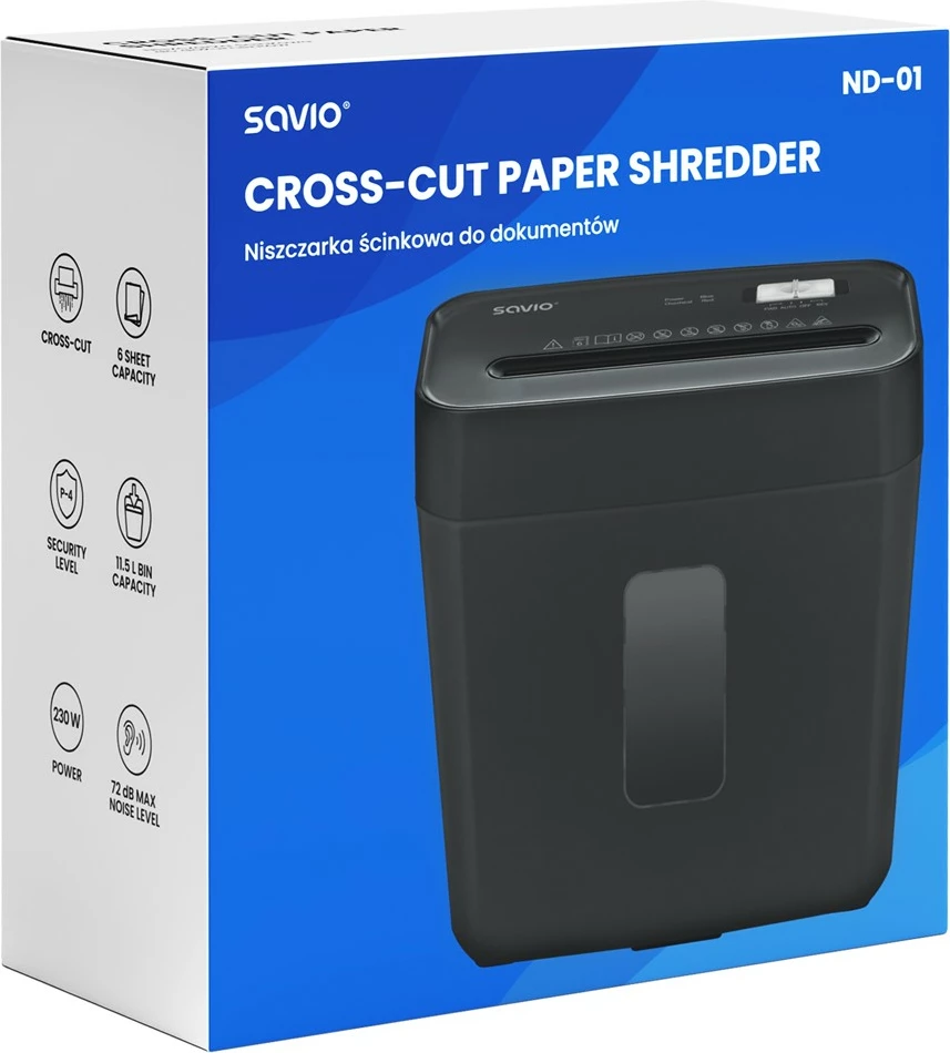 Shredder dokumentesh Savio ND-01, cross-cut P-4, 6 fletë, kosh 11.5 L, i zi