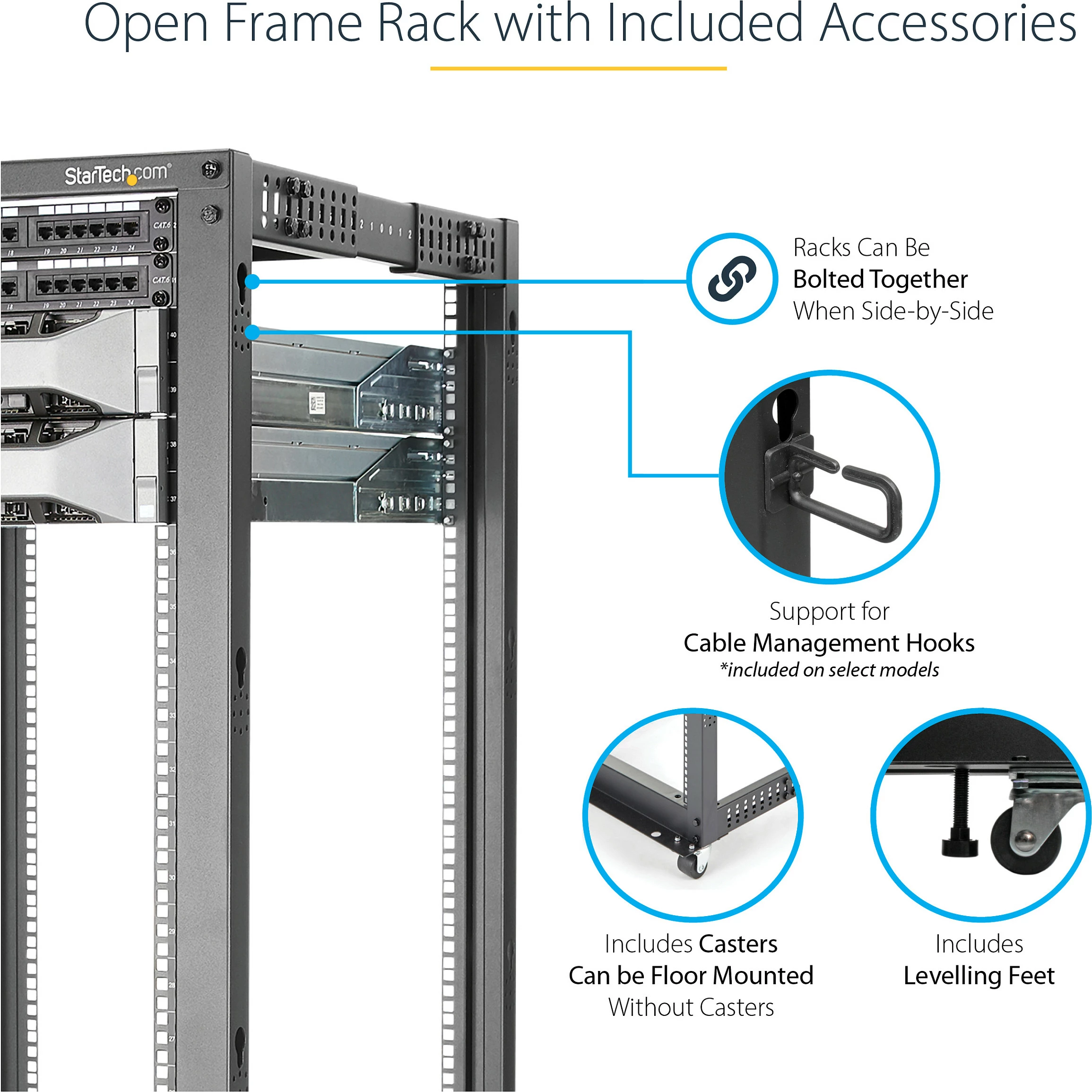 Rack serveri StarTech 4POSTRACK42, 42U, 19", open frame, thellësi e rregullueshme 56-101.7 cm, me rrota, 600 kg, i zi