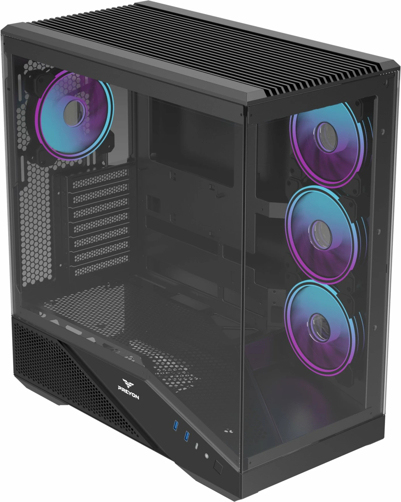 Kasë PREYON Nest Seaview Midi Tower ATX/Micro-ATX/Mini-ITX, xham i temperuar, 4 ventilatorë ARGB, USB-C, e zezë
