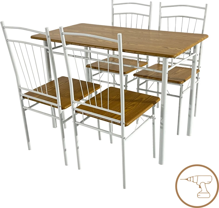 Tavolinë me karrige Roza II, set 5 copë, MDF natyrale, këmbë metalike të bardha, 110x60x74cm