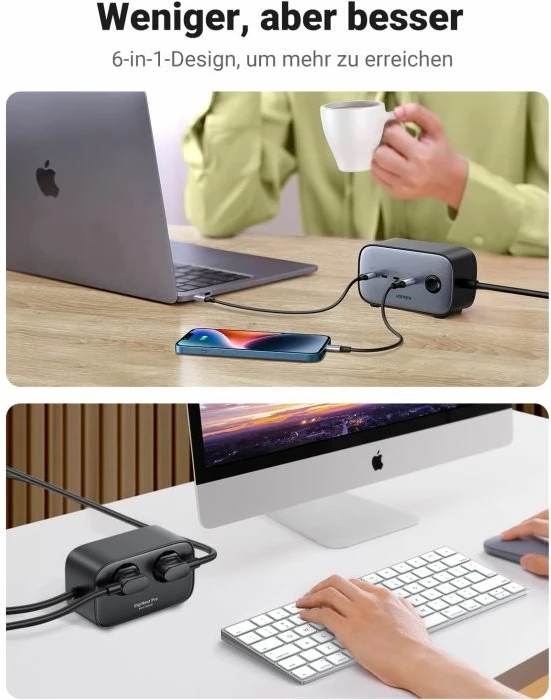 Karikues dhe shpërndarës rryme UGREEN DigiNest Pro 60167 100W GaN 6-në-1 (3x USB-C, 1x USB-A, 2x prizë, kabllo 1.8m) zi/gri