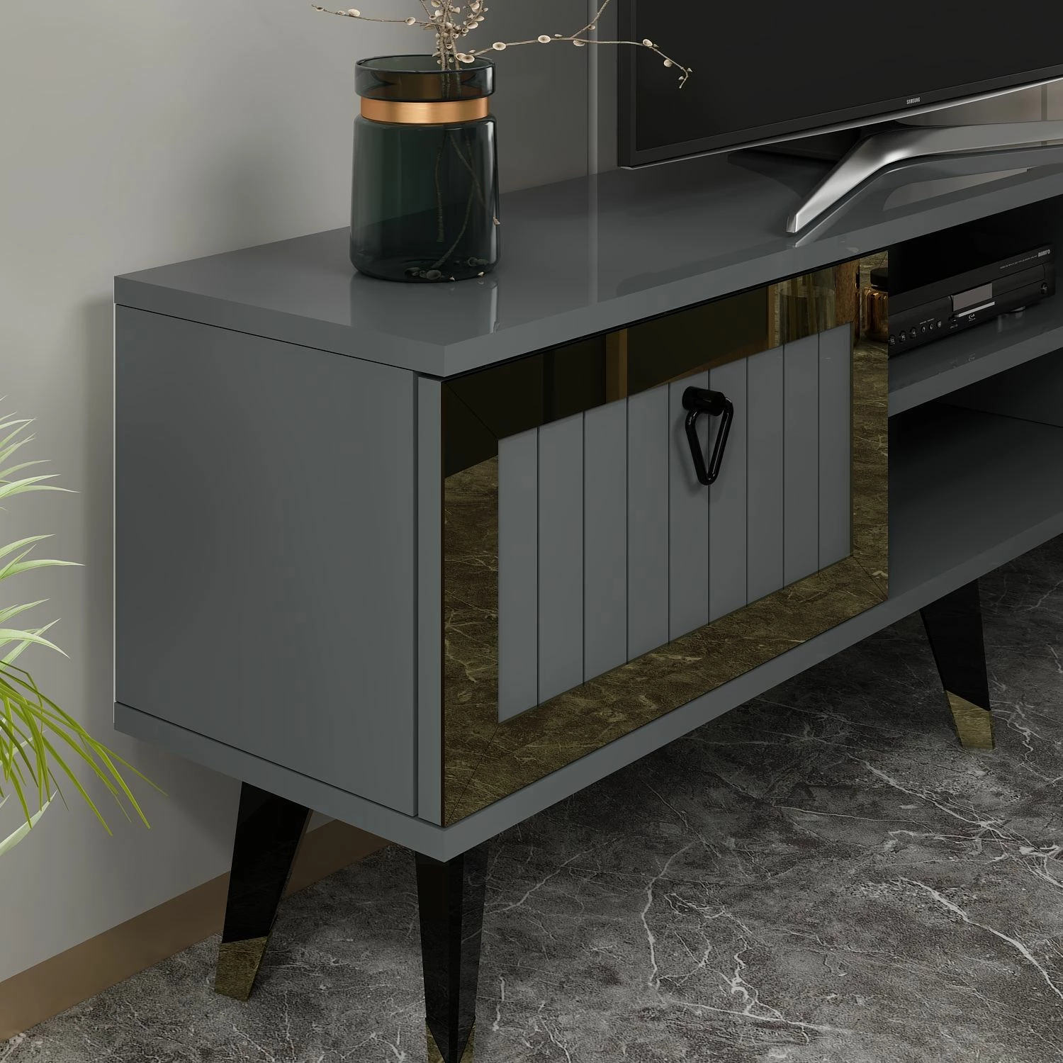 Komodë për TV, Skye Decor, ngjyrë antracit dhe ari, Lidya