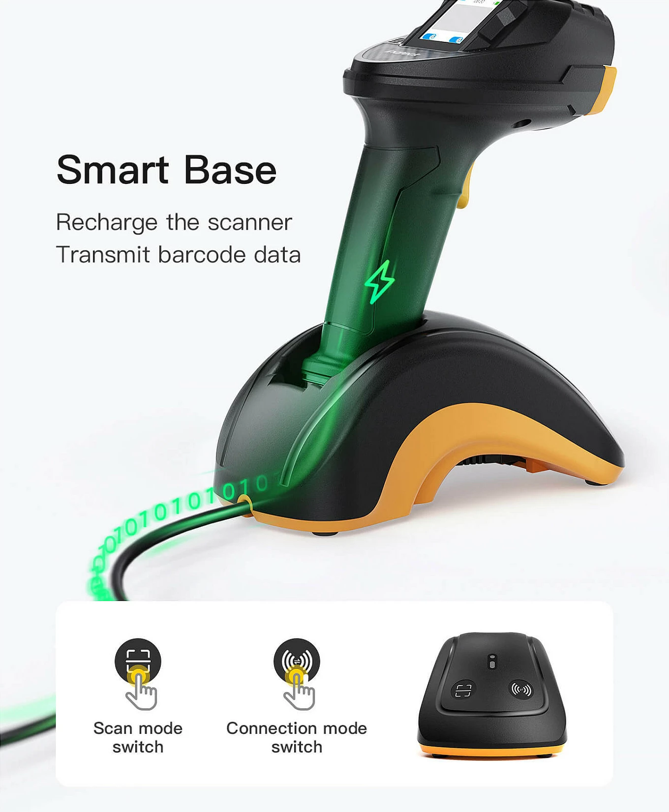 Skaner barkodi Inateck PRO 8, wireless Bluetooth/2.4G, 1D/2D/QR, ekran me prekje 1.4", bazë karikimi, 2600 mAh, zi/verdhë