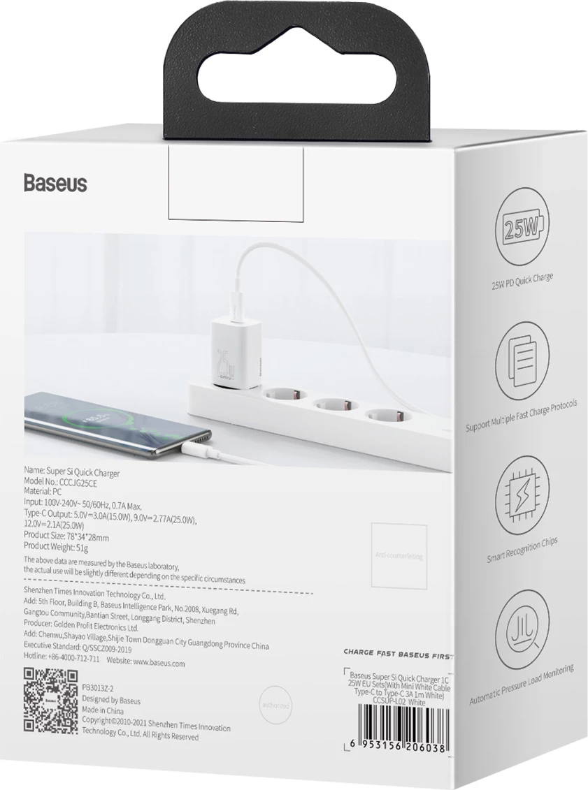 Karikues muri Baseus CCSP020102, 25W, USB-C, i bardhë