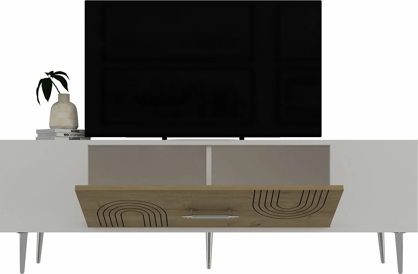 Komodë TV, ngjyrë lis safir, e bardhë, argjend, Dekol2