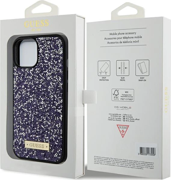 Mbështjellës Guess Rhinestone Metal Logo për iPhone 15, Rozë