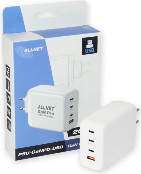 Adapter ALLNET GaN Pro 200W, 1x USB Typ-A QC, 3x USB Typ-C, EU Plug