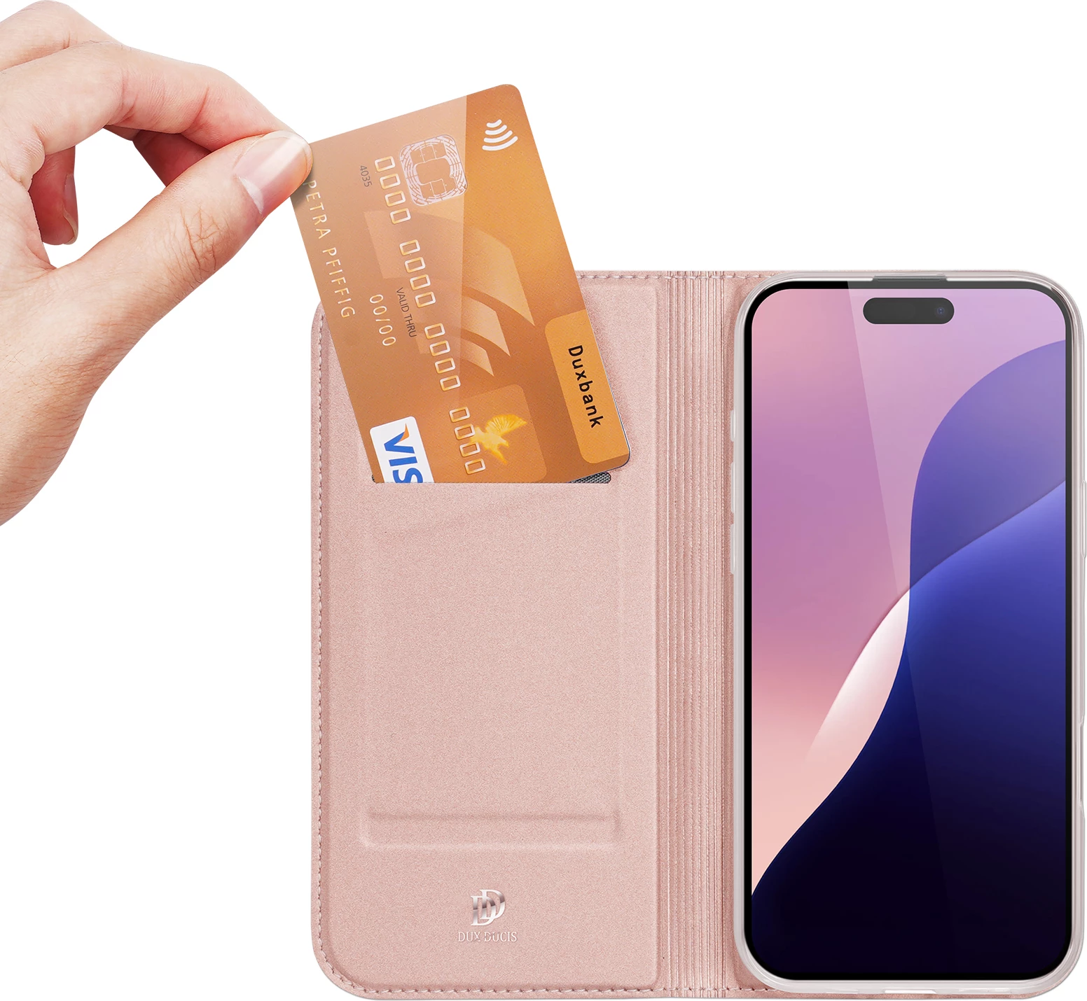 Mbështjellës Dux Ducis Skin Pro për iPhone 16 Pro Max, me kapak dhe xhep për kartela, Rozë