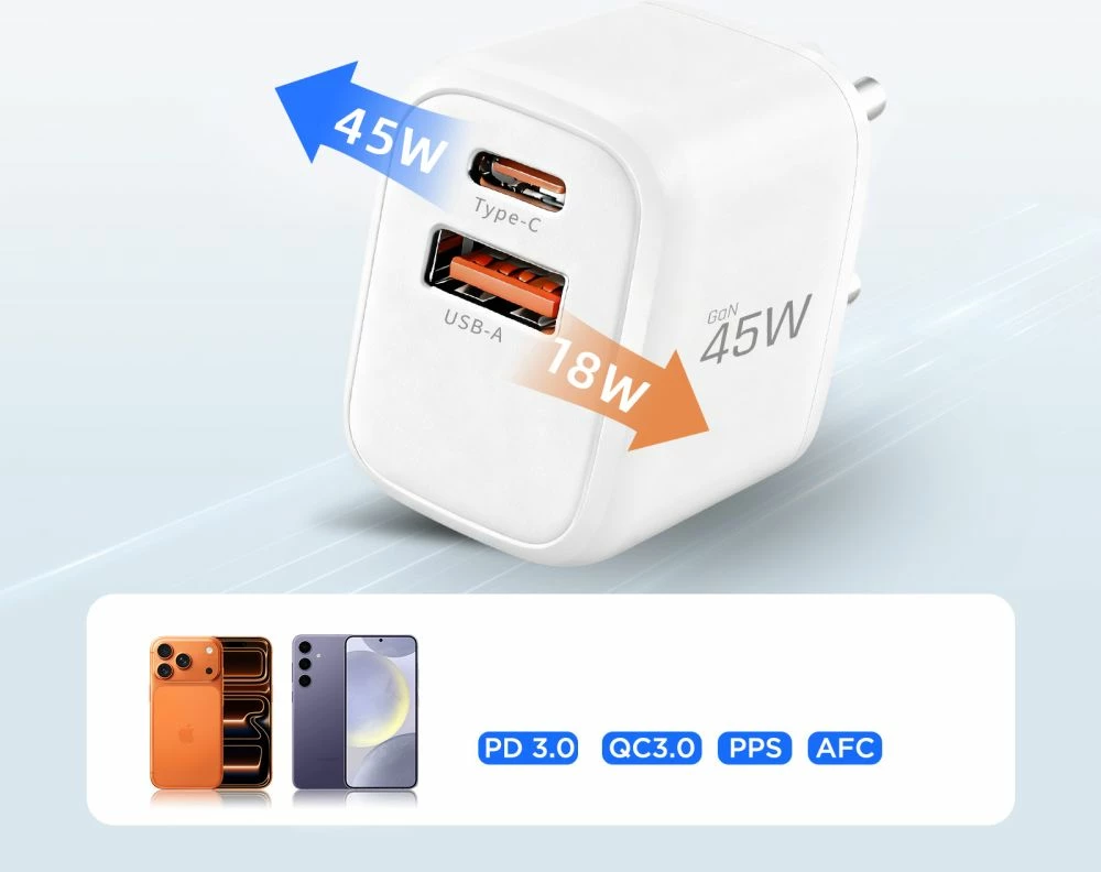 Karikues muri Tech-Protect NCA45W-GAN 45W 2-port (USB-C PD 3.0 + USB-A QC 3.0), me kabllo USB-C në USB-C 1 m, i bardhë