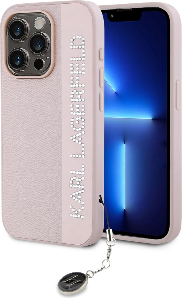 Mbështjellës Karl Lagerfeld Saffiano Rhinestones & Charm për iPhone 15 Pro, Rozë