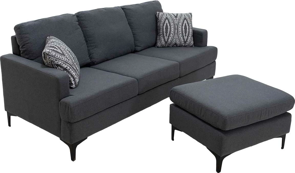 Kënd divani me pëlhurë Slim, ngjyrë gri e errët, dy jastëkë, 185x140x70cm