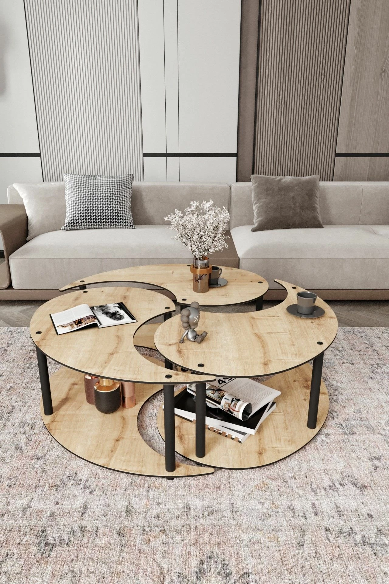Set tavolinash kafeje Hanah Home, Yin Yang, 3 copë, ngjyrë lisi