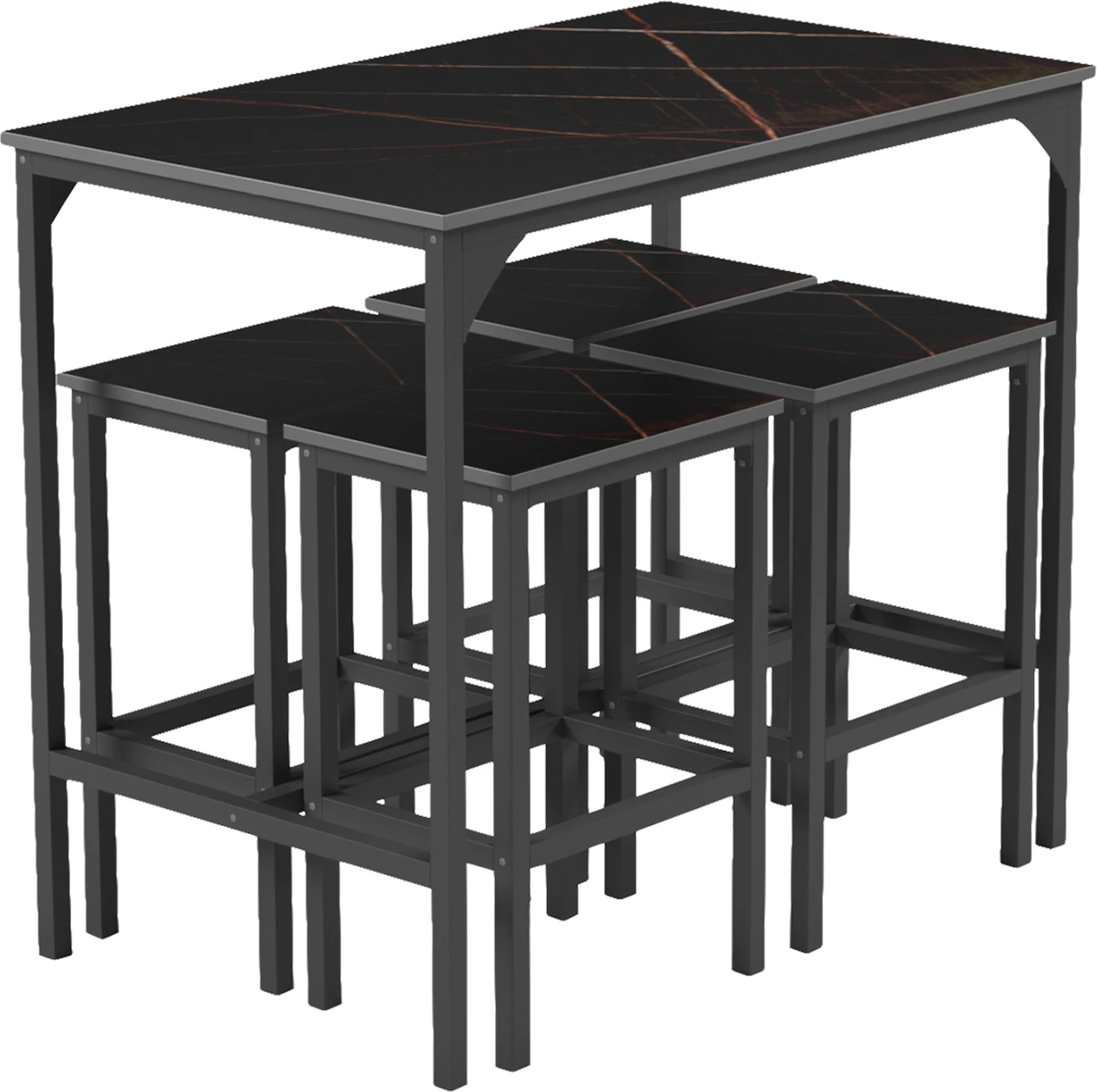 Set për darkë për bare 5 copë BOXY FH9882.13, korniza metalike të zeza, melaminë mermeri të zezë