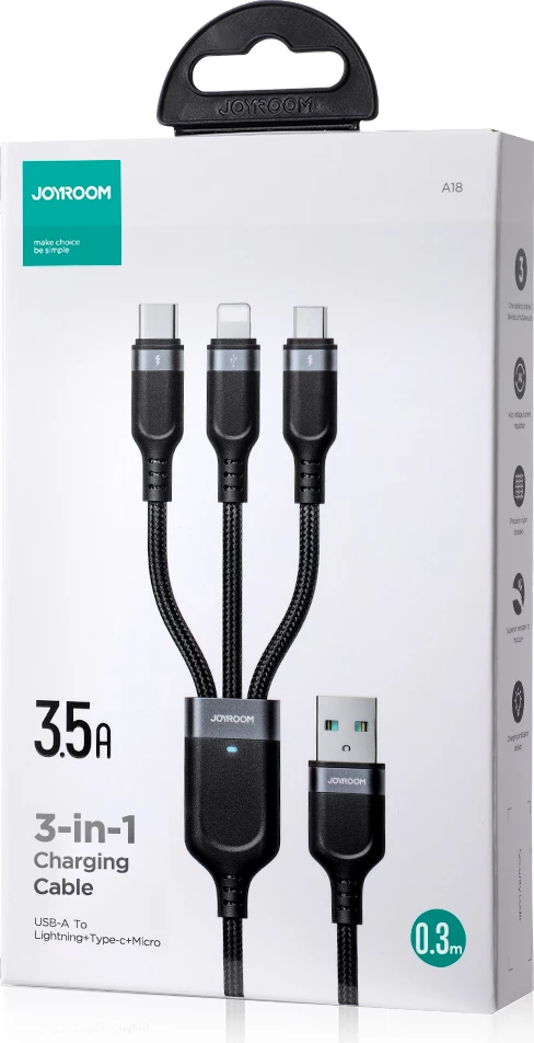 Kabllo 3-në-1 Joyroom Multi-Use Series S-A18, 0.3m, USB-A në Lightning/USB-C/micro USB, e zezë