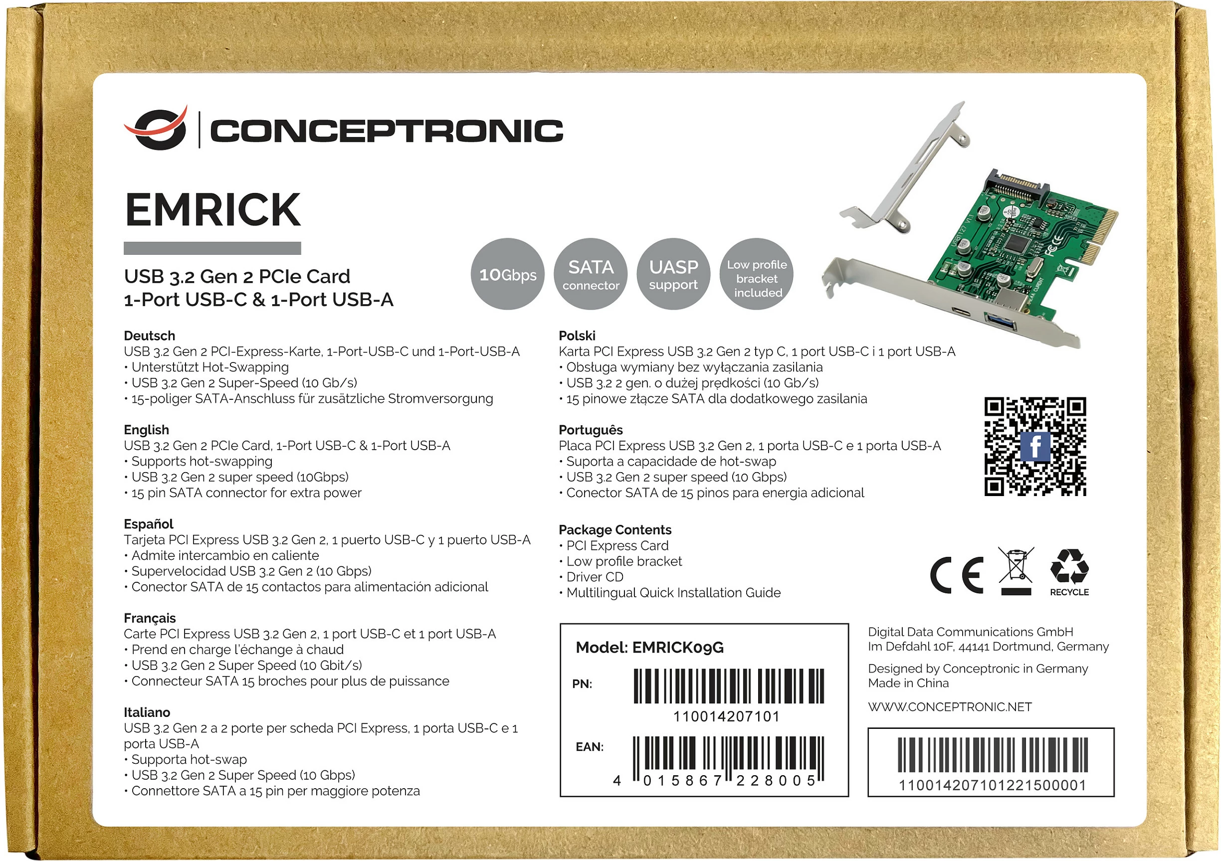 Kartë zgjerimi PCIe Conceptronic, PCIe 3.0, 1x USB-C + 1x USB-A USB 3.2 Gen 2 10Gbps, e gjelbër