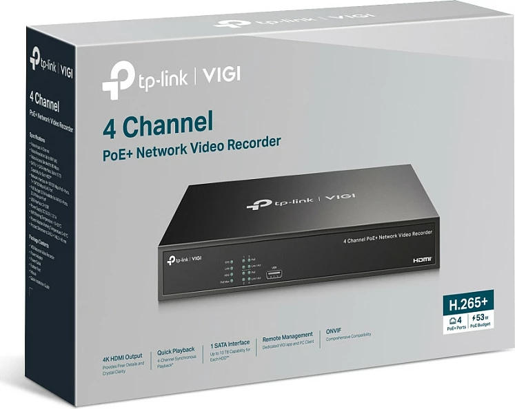 Regjistrues video rrjeti (NVR) TP-Link VIGI NVR1004H-4P, 4 kanale PoE+, HDD 2TB, 4K, i zi