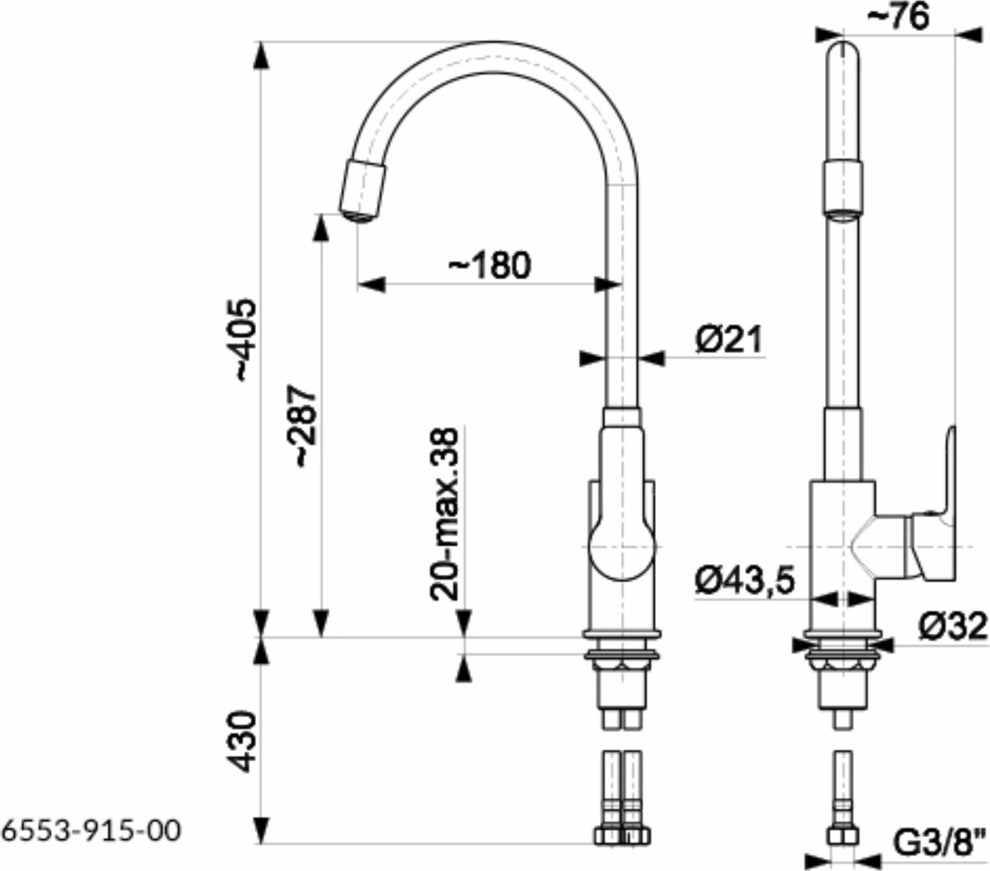 Rubinet kuzhine KFA Rumba 6553-915-63, me një levë, grykë fleksibile, montim në tavolinë, 405 mm, gri