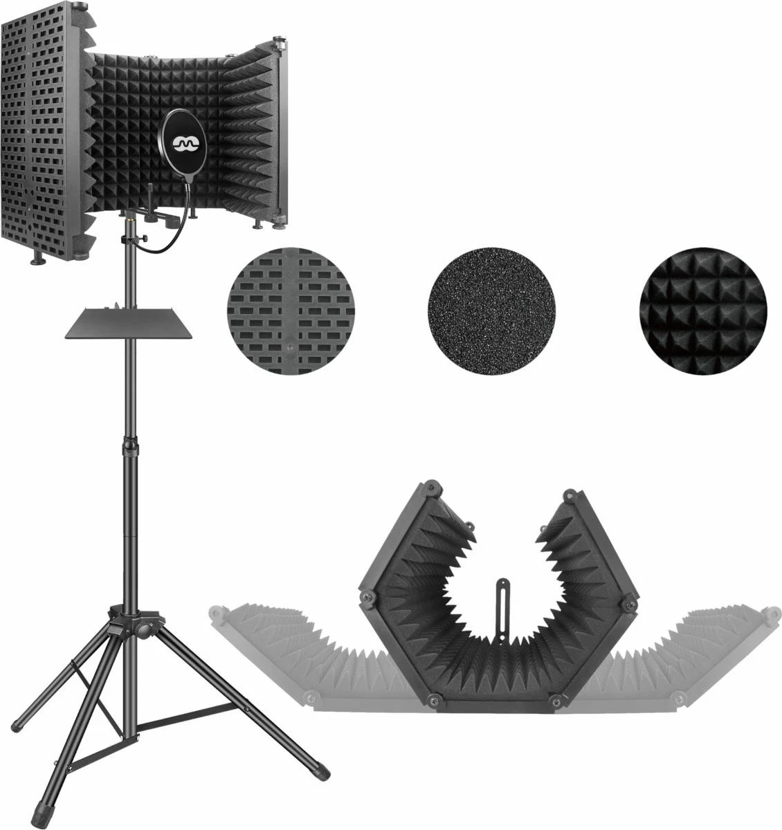 Kabinë akustike për mikrofon Mozos MSHIELD-CABIN-SET me stativ 180 cm, pop filter dhe tray, e zezë, set