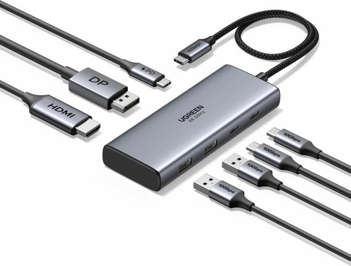 Hub USB-C UGREEN 75902 7-në-1, HDMI + DisplayPort, 2x USB-A 3.0, 2x USB-C 3.0, PD 100W, 4K@60Hz, gri