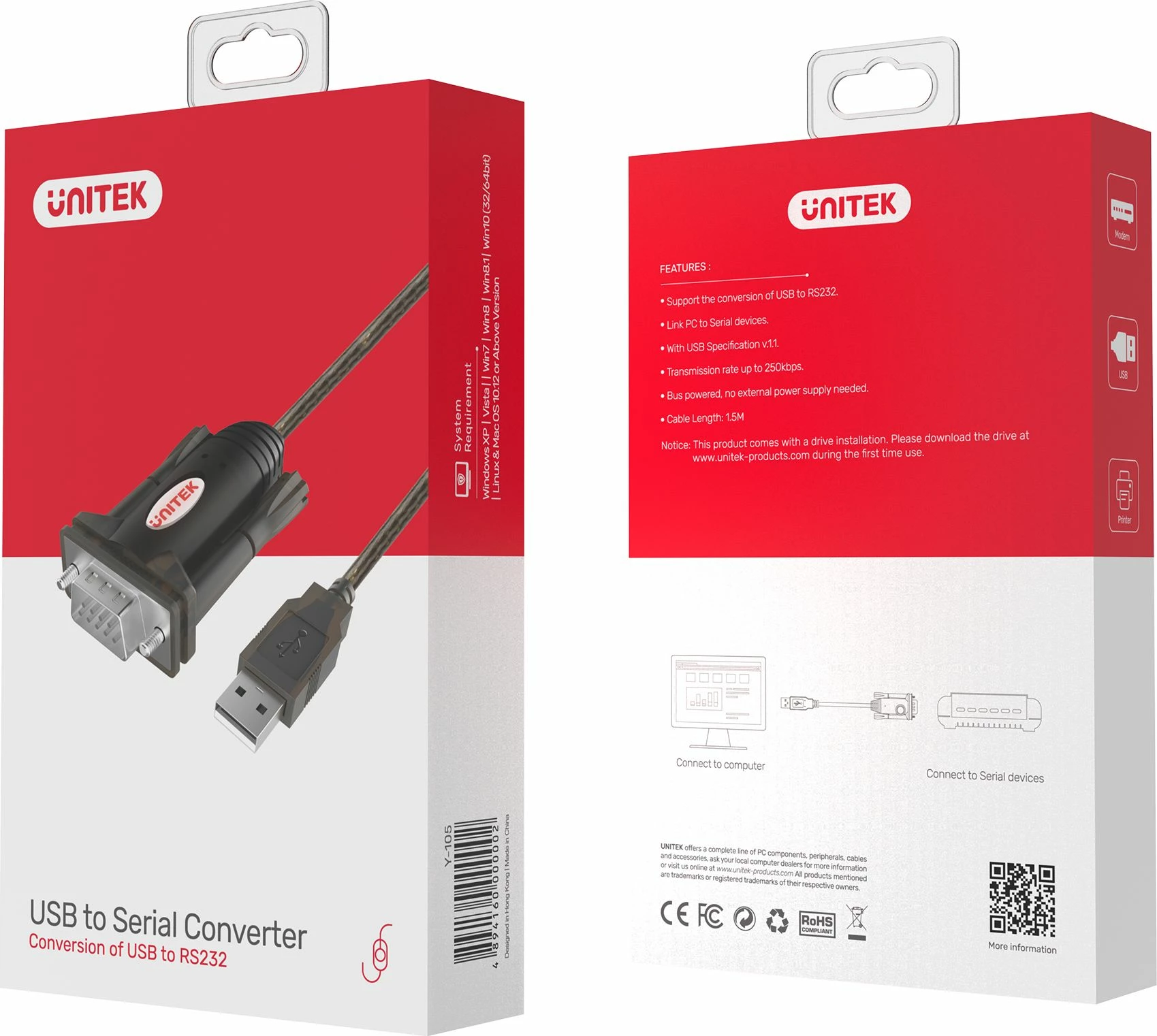 Kabllo adapter USB-C në RS-232 Unitek Y-1105K 1.5 m, e zezë