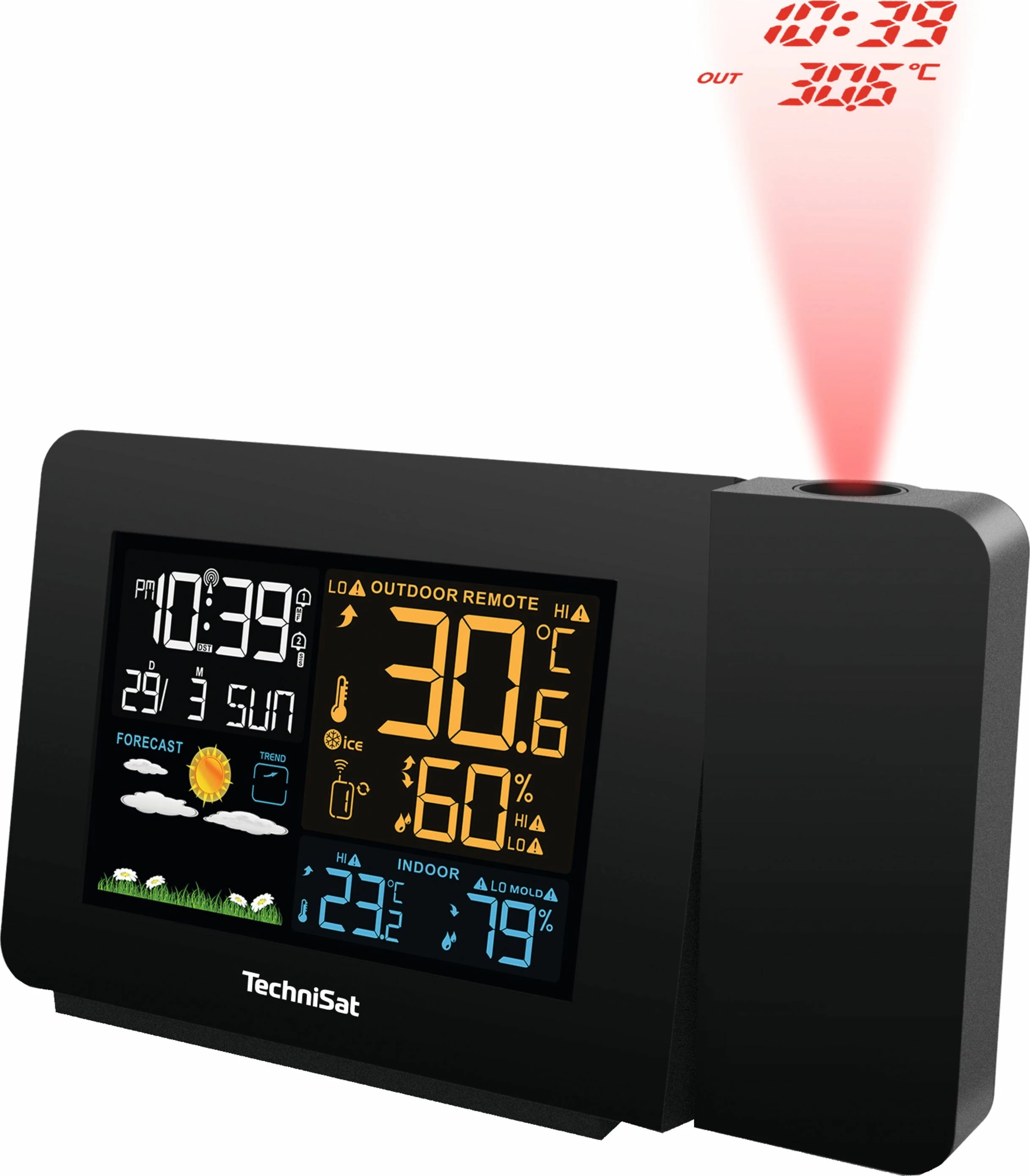 Stacion moti TechniSat iMETEO P1 (76-4967-00), me projektor, LCD i ndriçuar, sensor i jashtëm, i zi