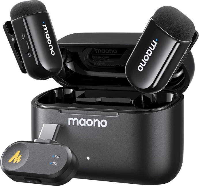 Mikrofon wireless, Maono WM622 PC2, për iPhone/iPad, MFi, 100 m, 48kHz/16-bit, 30 orë me kuti karikimi, 2 transmetues, zi