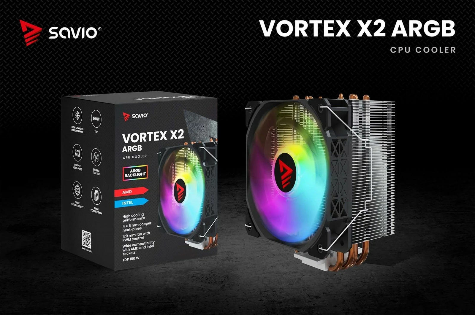 Kasë ftohëse procesori Savio Vortex X2 ARGB, 120 mm, 4 heatpipe, ARGB
