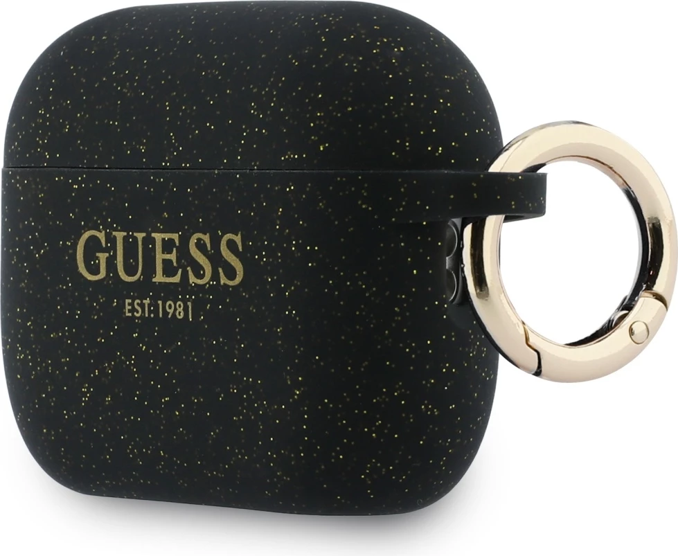 Mbështjellës silikoni Guess Silicone Glitter Ring për Apple AirPods Pro 3, me glitter dhe karabinier, i zi
