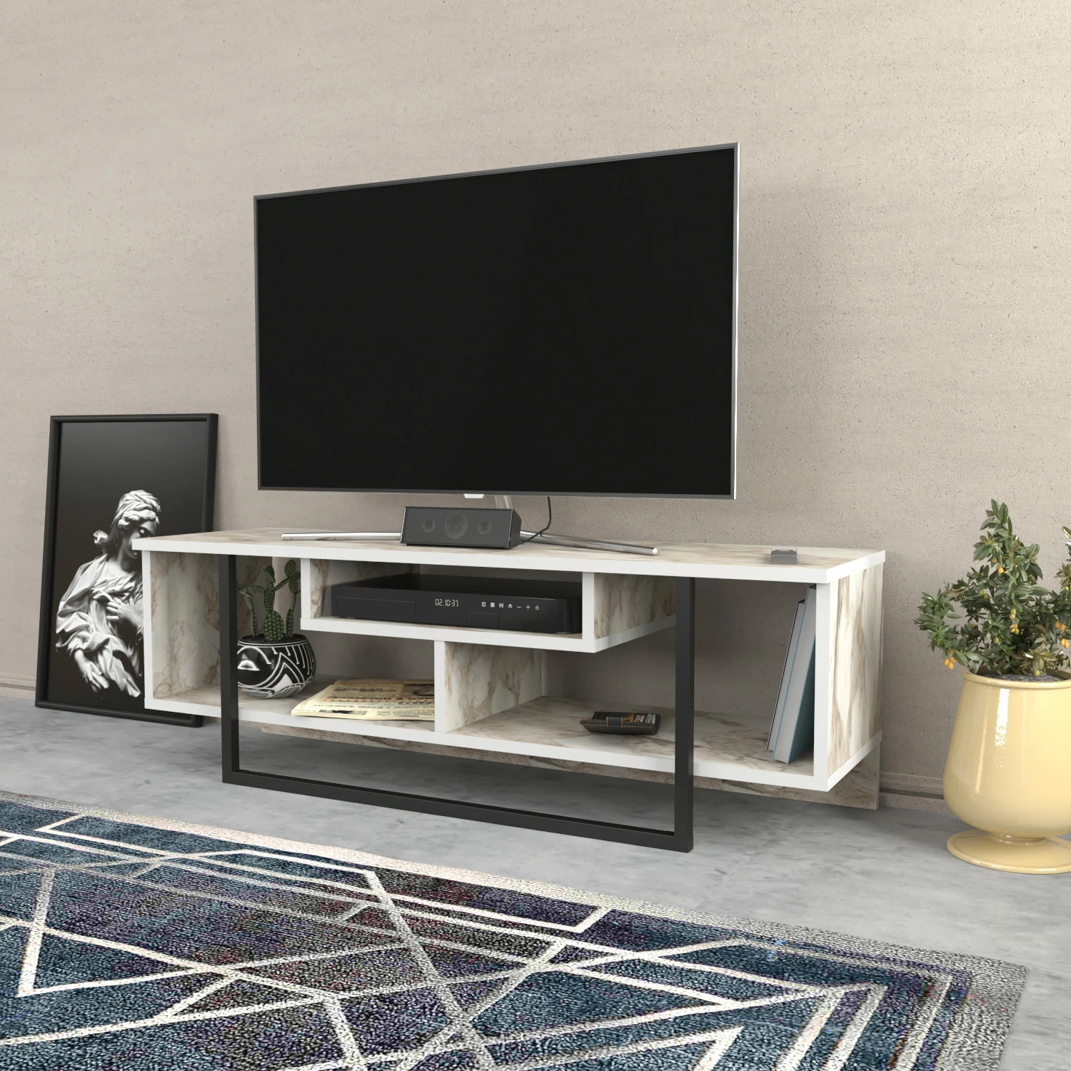 Komodinë TV Skye Decor, Asal 120, e zezë dhe e bardhë