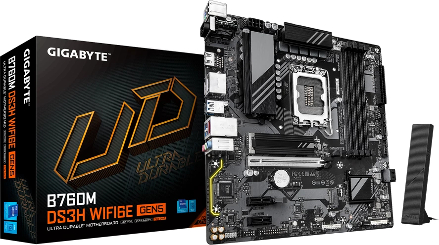 Pllakë amë GIGABYTE B760M DS3H WIFI6E GEN5, LGA1700, DDR5 (4 slote), Wi‑Fi 6E, mATX, e zezë