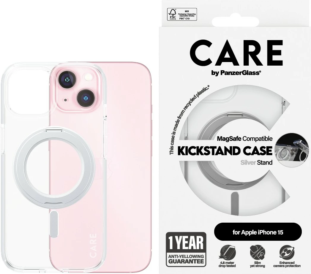 Mbështjellës PanzerGlass CARE Case me kickstand & MagSafe për iPhone 15, transparent