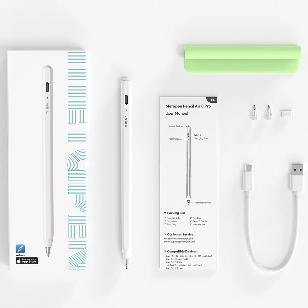 Stylus për iPad Metapen Pencil Air8 Pro, USB-C, deri 26 orë, Palm Rejection, pa Bluetooth, e bardhë