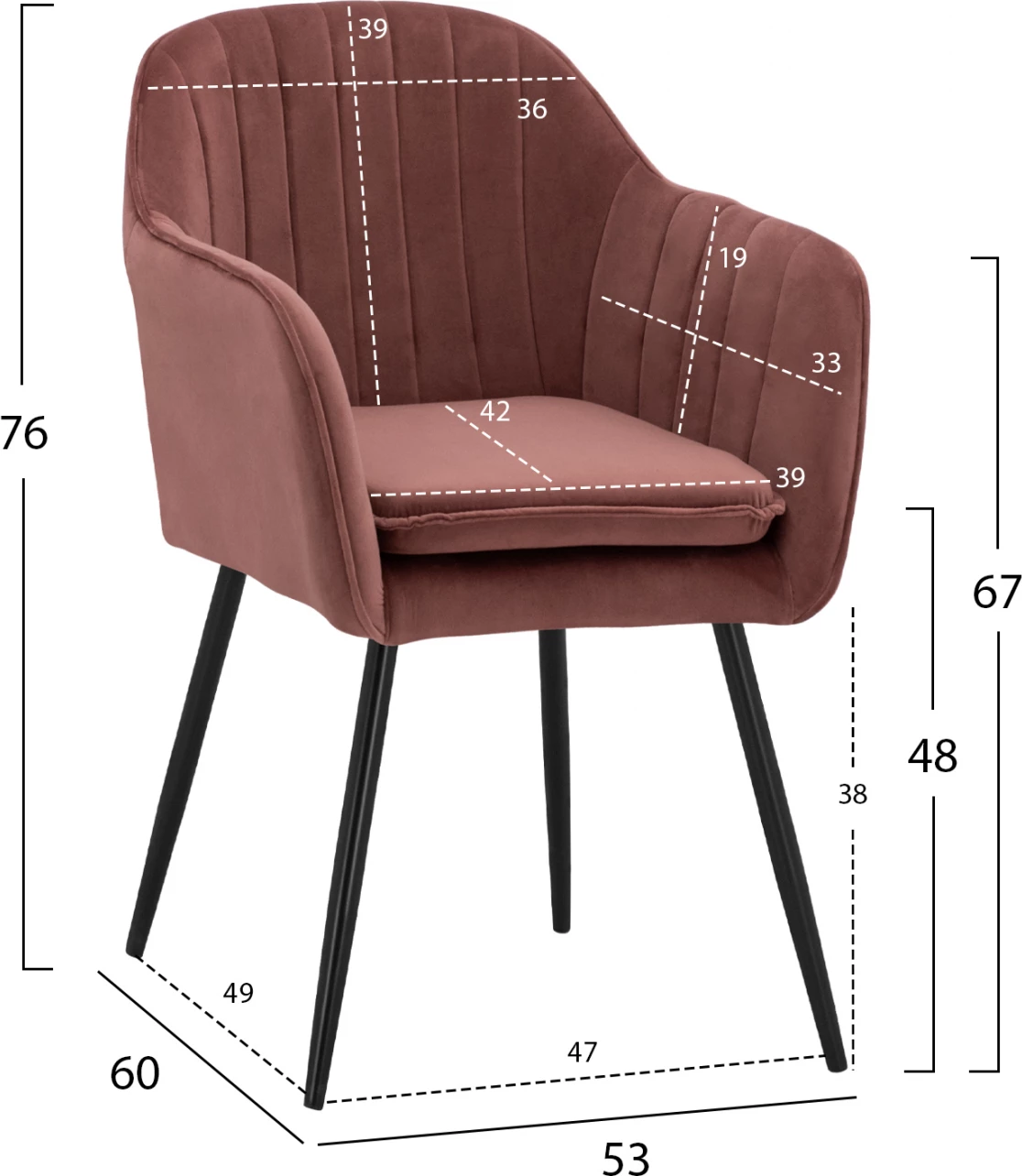 Karrige kadifeje SAWYER, ngjyrë rozë e pluhurosur, këmbë të zeza, FH8523.12, 53x60x76 cm, set prej 2 copë
