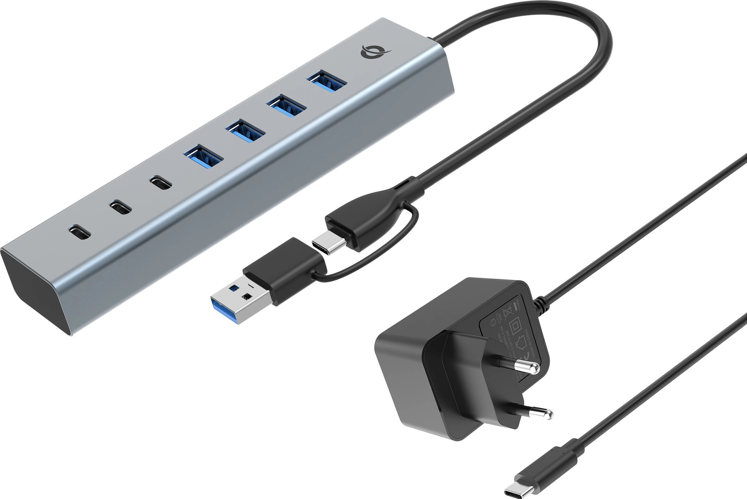 USB hub Conceptronic 7 porta, USB-A 3.0/USB-C, me përshtatës energjie, gri