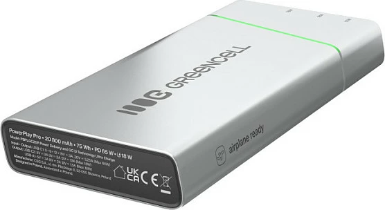 Power bank Green Cell PowerPlay Pro 65W (PBPLGC20P), 20800 mAh, USB-C PD, 3 porta, argjendtë/zi me detaje jeshile