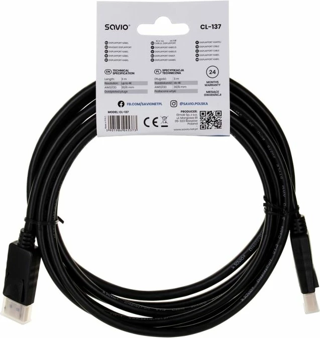 Kabllo DisplayPort Savio CL-137, 3m, e zezë