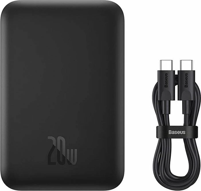 Powerbank Baseus Magnetic Mini Air 6000mAh 20W, karikim wireless magnetik, me kabllo USB-C në USB-C 30cm, i zi