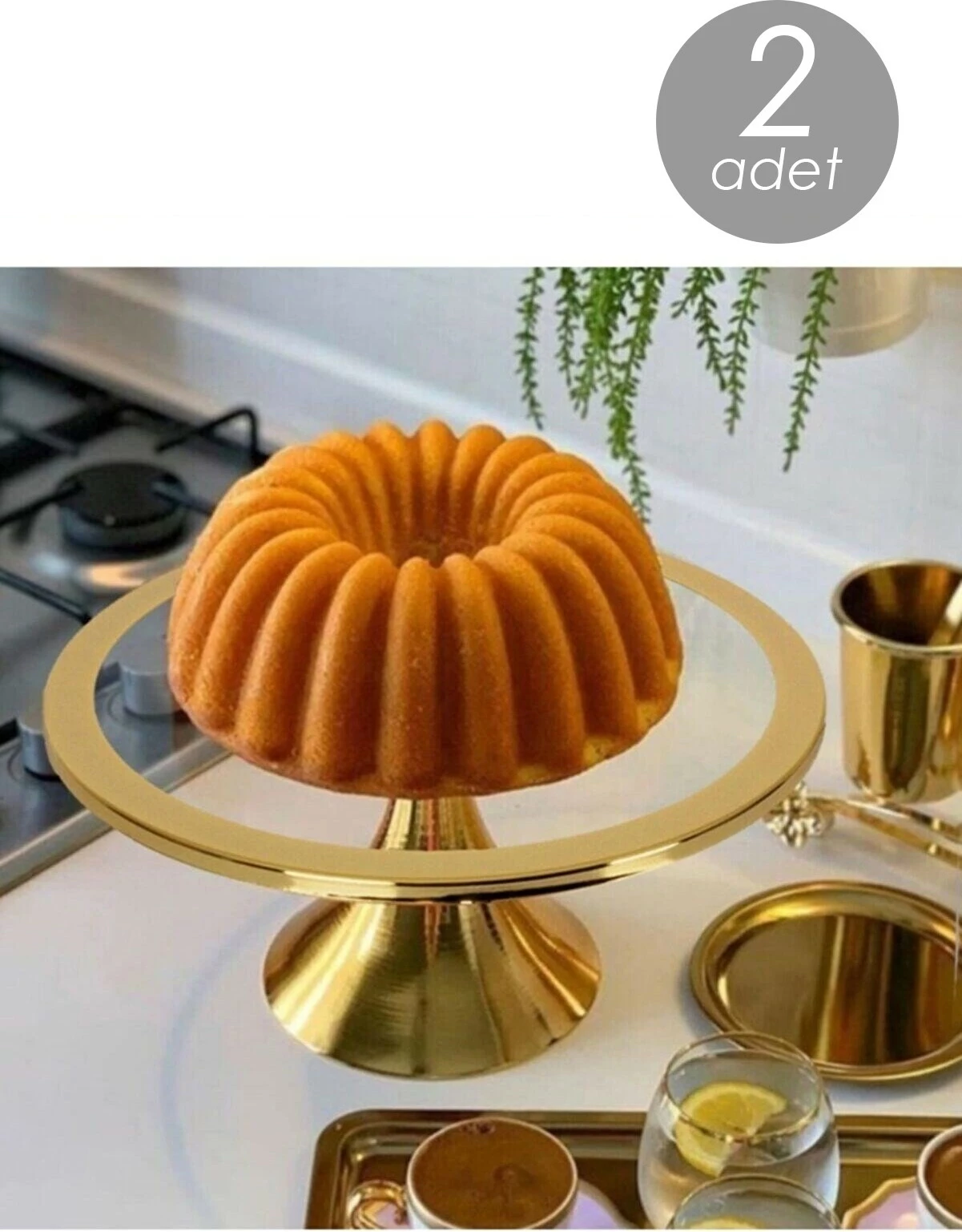 Pjatë për servirje tortash, set 2 copë, ngjyrë ari, Hermia Concept