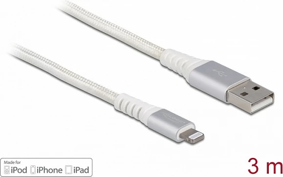Kabllo USB DeLOCK USB-A në Lightning, 3 m, Kevlar, 3A, bardhë/argjendtë