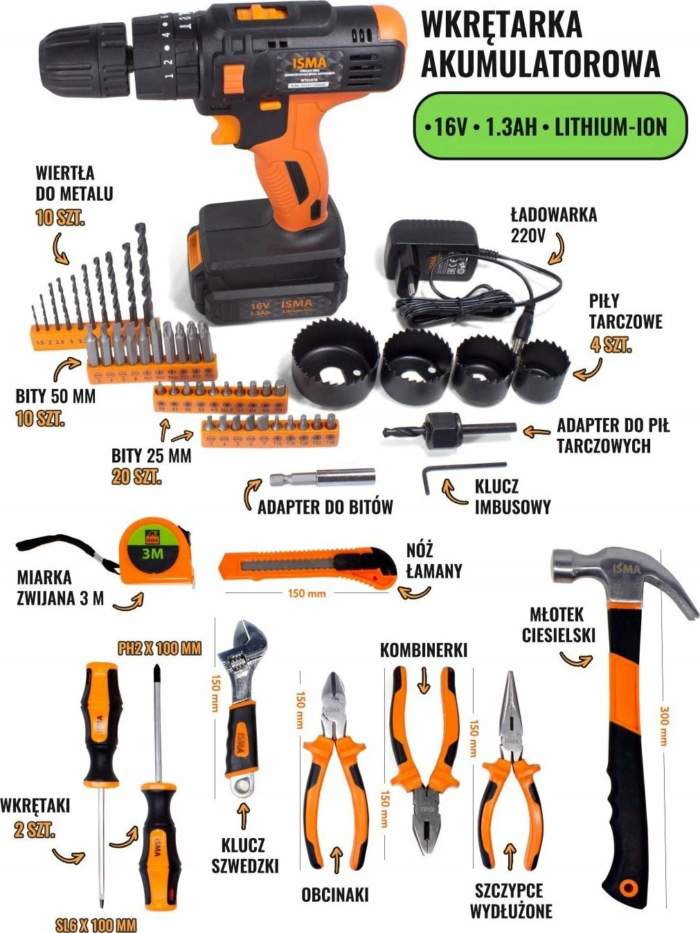 Set veglash Isma 50646 57 copë me shpuese pa kabllo, në kasë, zezë/portokalli