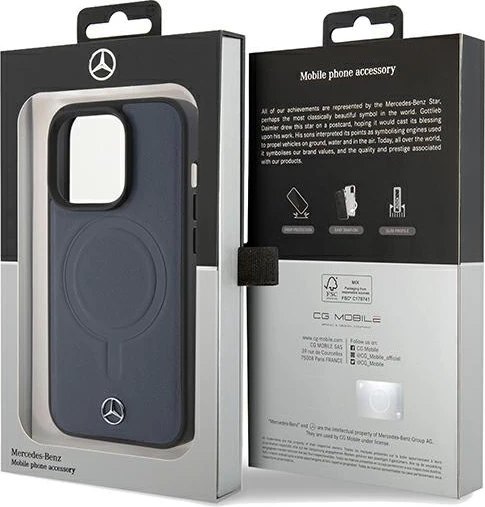 Mbështjellës Mercedes-Benz Smooth Leather MagSafe për iPhone 15 Pro 6.1", blu navy